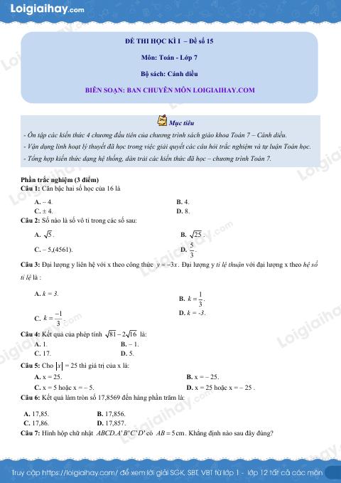 Đề thi học kì 1 Toán 7 Cánh diều - Đề số 15